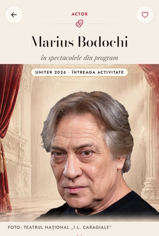 Pagina lui Marius Bodochi, cu portretul pe scenă și premiul UNITER