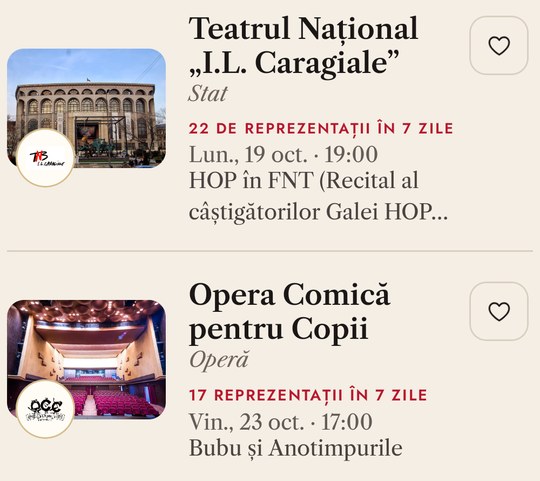 Lista teatrelor, cu fotografia clădirii și sigla teatrului